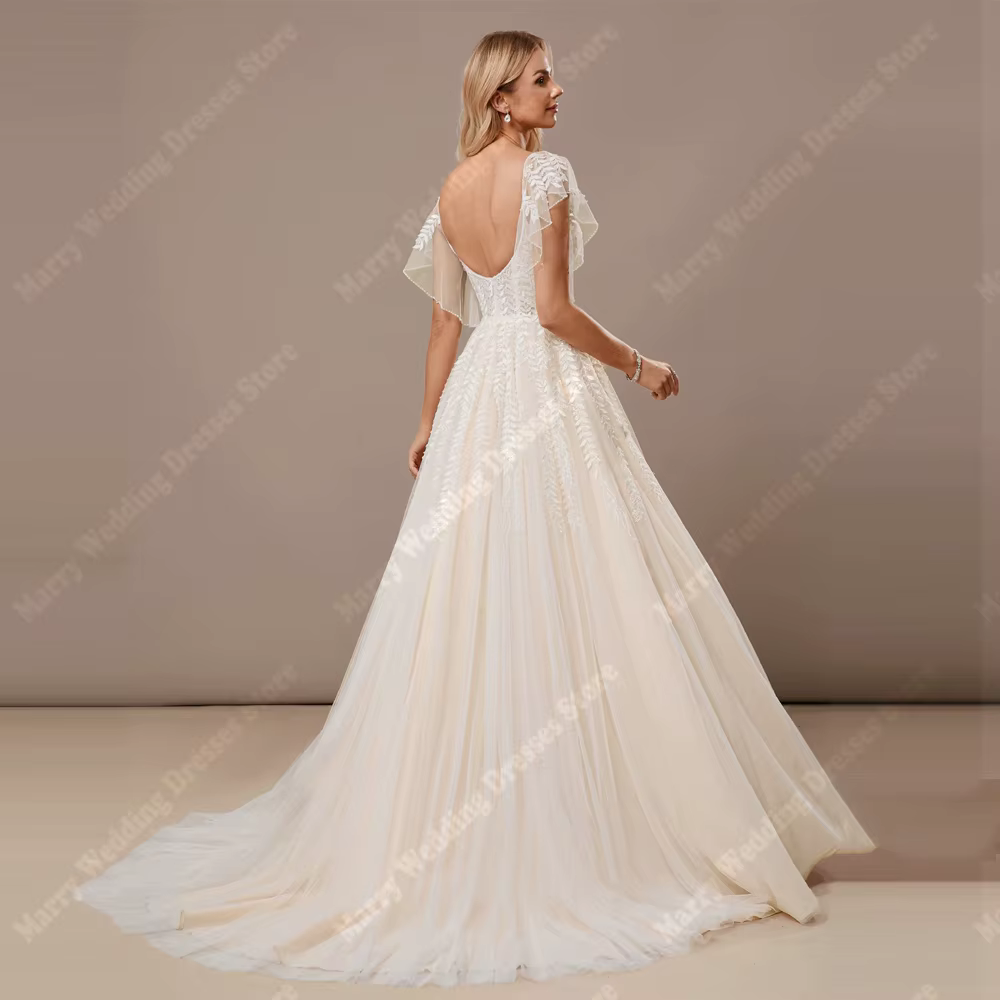 Fascinante femmes robes De mariée Sexy col en v a-ligne Tulle robes De mariée longueur De nettoyage dos nu Banquet Robe De Mariée personnalisé