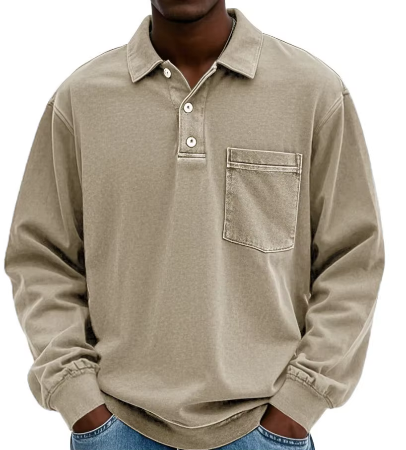 Polo à manches longues gris foncé style rétro américain