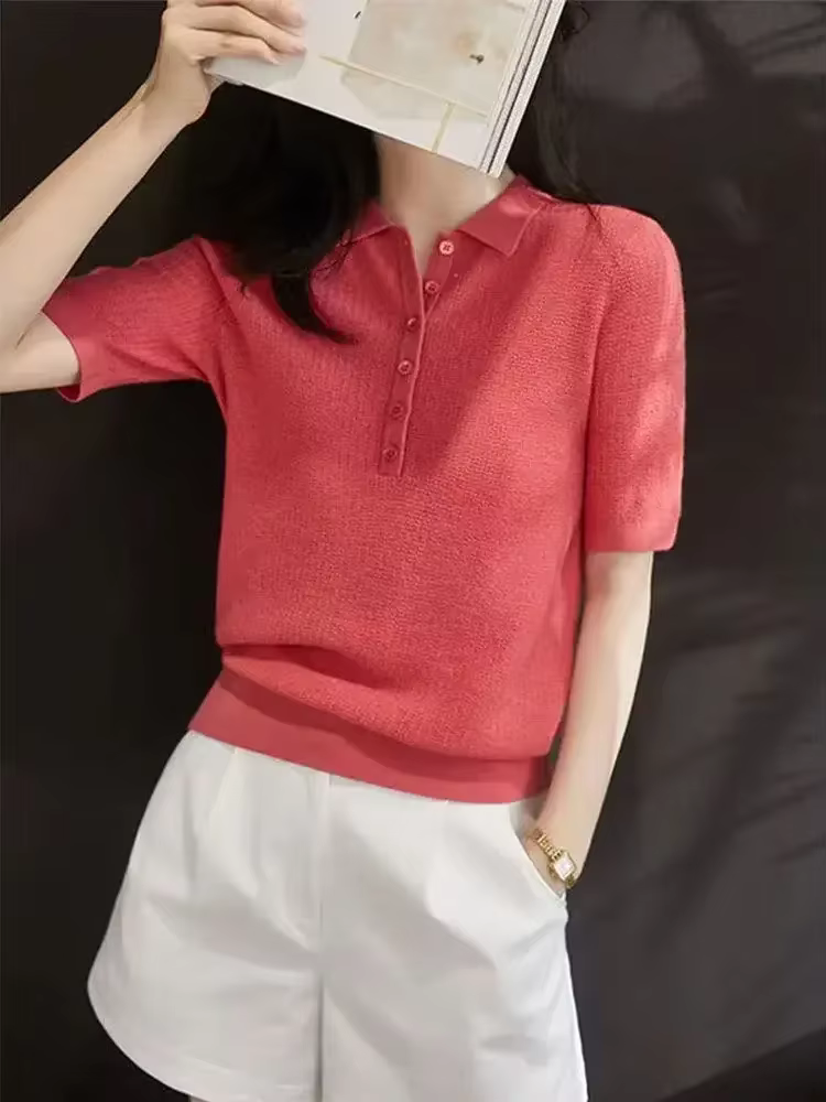 Chemise à col Polo pour femmes bouton uni femme T Slim vêtements