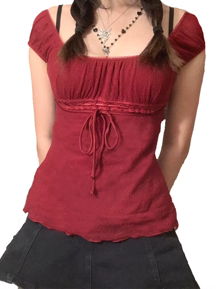 T-shirt en dentelle douce esthétique des années 2000 pour femmes