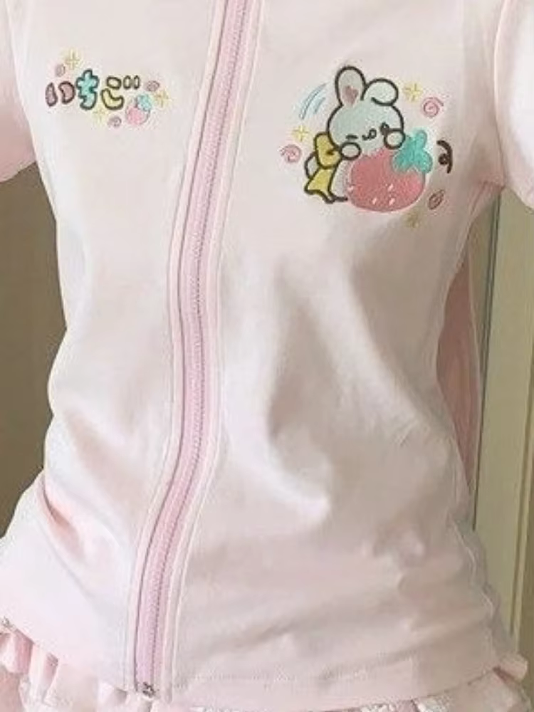 Kawaii dessin animé broderie t-shirts femmes Y2k esthétique T-shirt à capuche Style japonais coupe ajustée fermeture