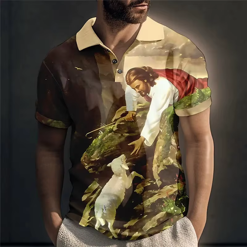 Polo à manches courtes avec impression 3D du Christ Jésus pour homme