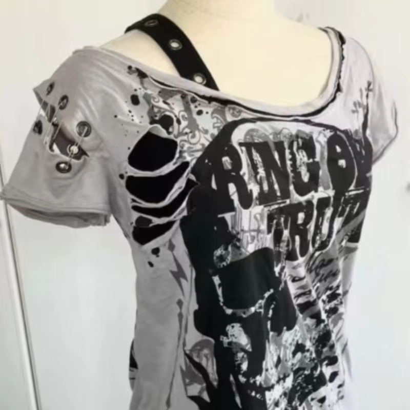 Gothique t-shirts à manches courtes crânes décontracté Punk Hip Hop rue hottie Femme t-shirt graphique t-shirts Vintage vêtements 2000s femmes haut