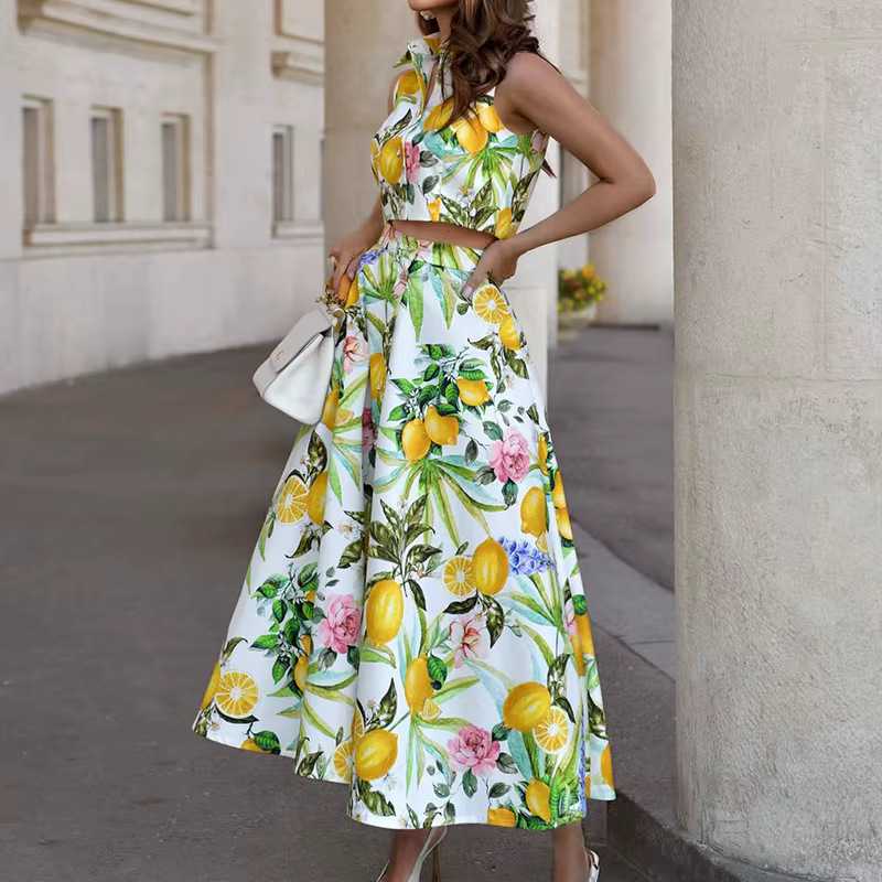 Ensemble 2 pièces élégant : Chemise sans manches à revers et boutons & Jupe longue taille haute imprimée avec poches – Tenue décontractée et tendance