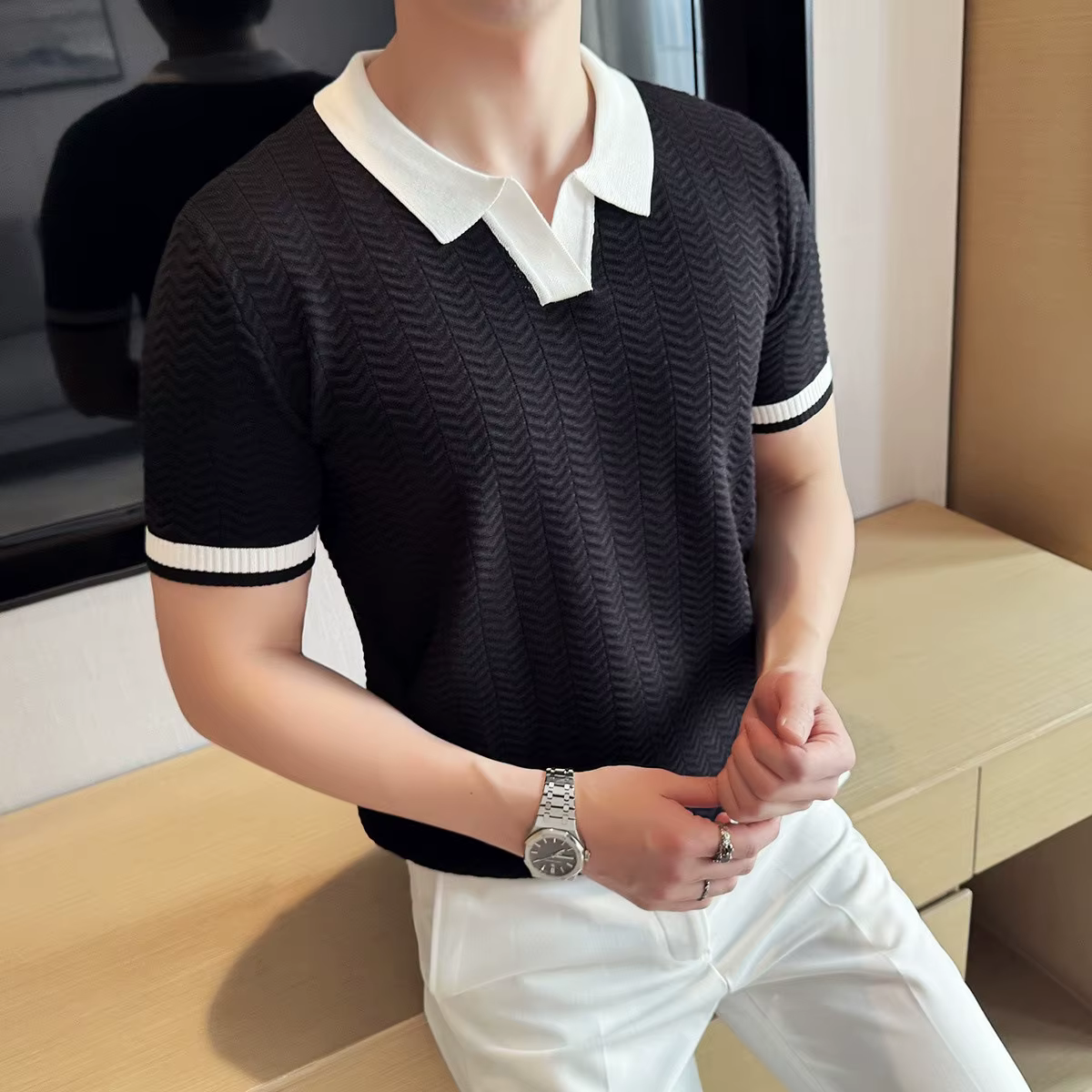 Mode nid d'abeille Texture contraste couleur t-shirts hommes tricotés polos été à manches courtes mince hauts élastique