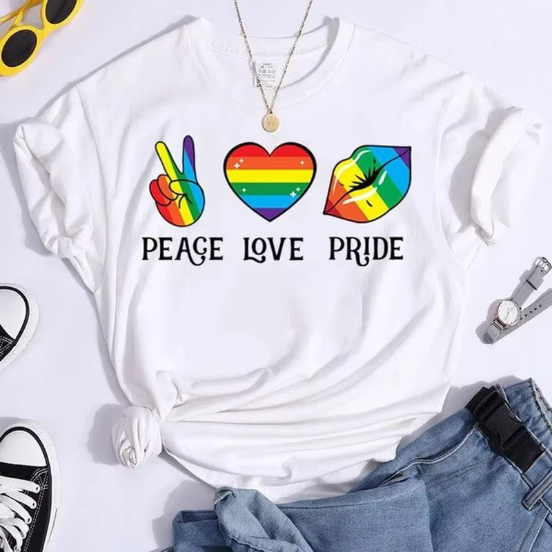 T-shirt manches courtes col rond femme, Peace Love Pride, coloré, imprimé