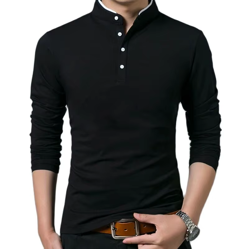 SHiONFA t-shirts en pur coton pour hommes col Mandarin à manches longues chemise confortable simple boutonnage doux supérieur extérieur pour le printemps automne
