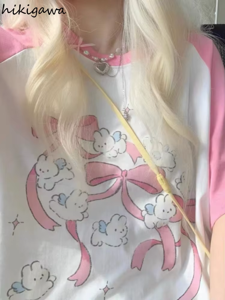 Kawaii rose t-shirts femmes japonais Y2k Style doux fille dessin animé