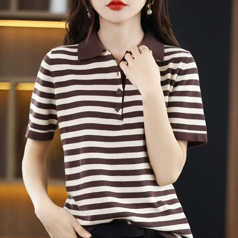 T-shirt femme rayé hauts bouton à manches courtes