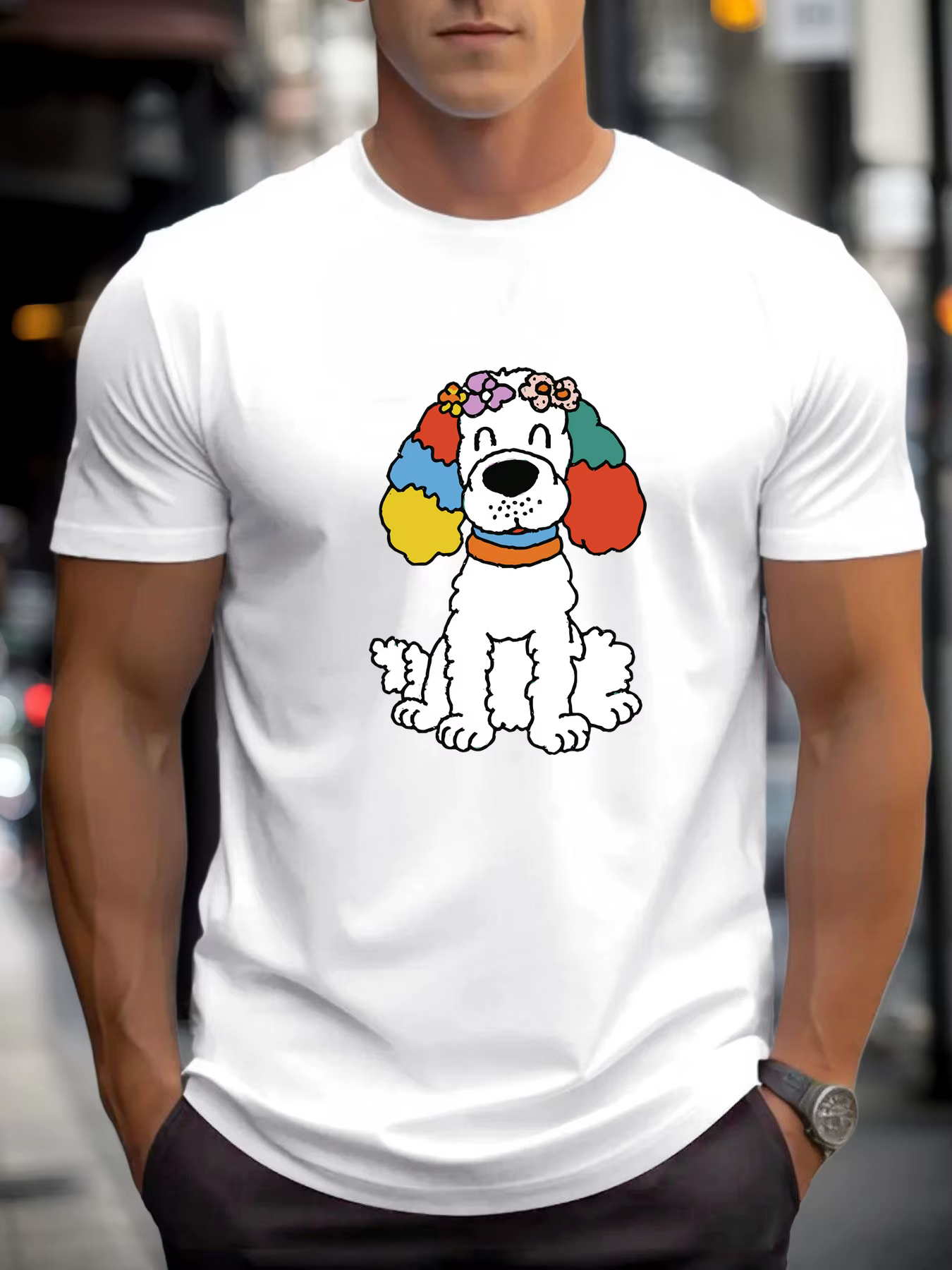 T-shirt pour hommes couleur oreilles chiot 100 % coton impression graphique été col rond