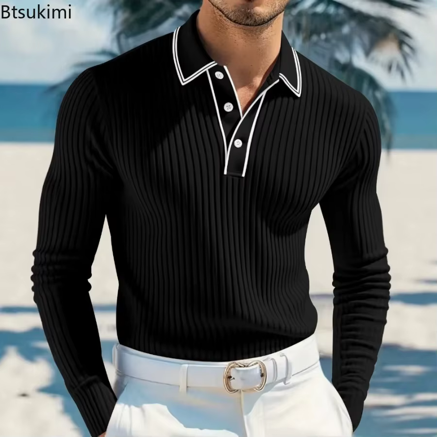 Nouveau Polo Tricoté à Manches Longues pour Homme
