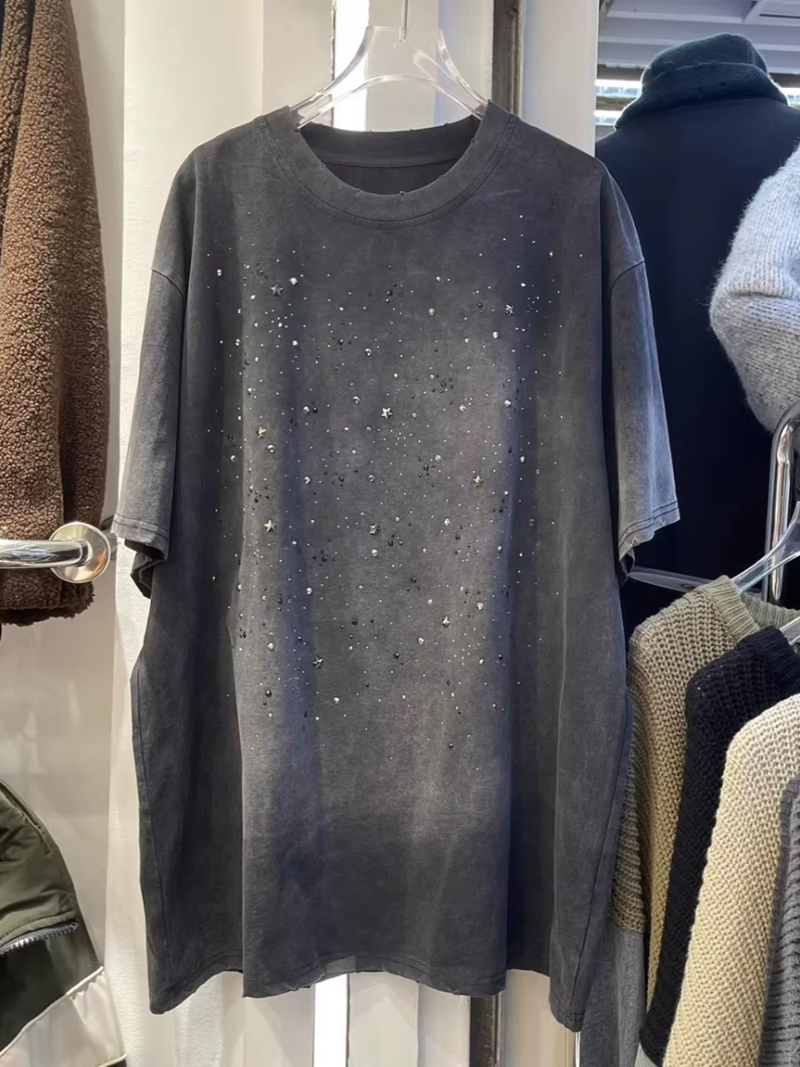 Rétro lavé strass T-shirt été femmes col rond manches courtes surdimensionné t-shirts femme mode hauts amples