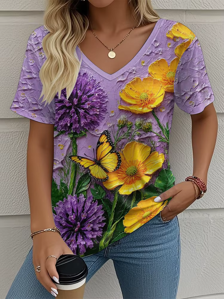 T-Shirt femme motif Floral imprimé décontracté col rond manches courtes hauts rue mode surdimensionné t-shirts vêtements pour femmes