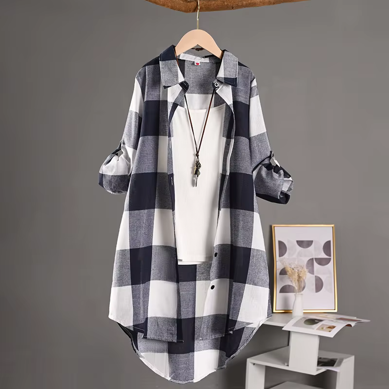 Chemise à carreaux à manches longues pour femmes