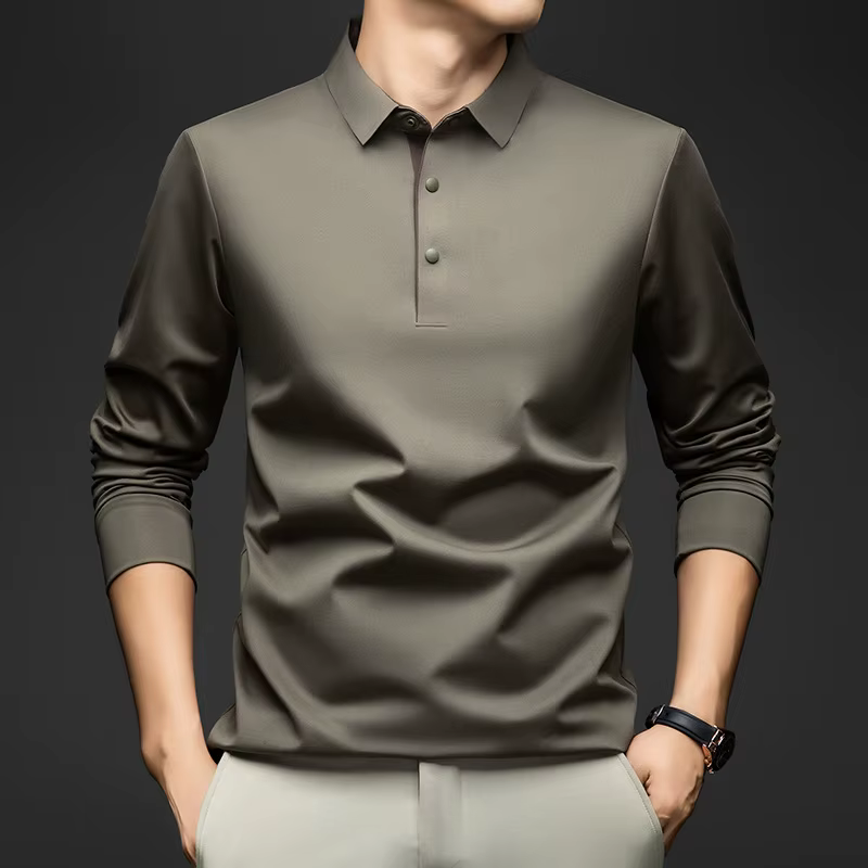 Polo à manches longues pour hommes, en mélange de soie de mûrier, col classique, idéal pour un style décontracté et professionnel, couleur unie, pour hommes d’âge mûr.