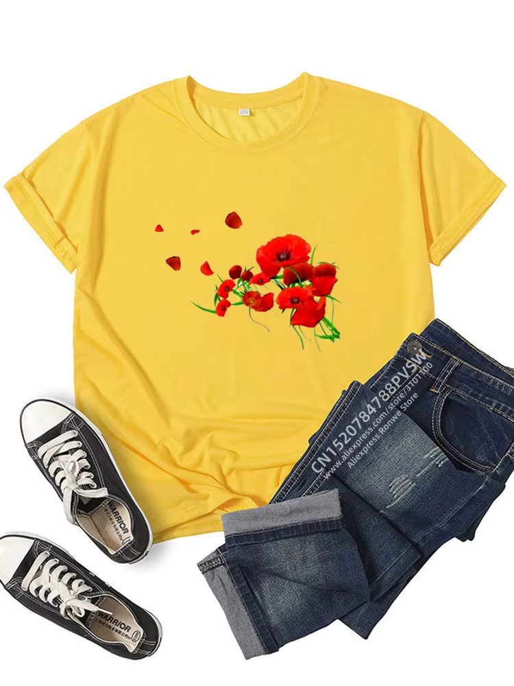 T-shirt imprimé drôle de fleurs rouges pour femmes