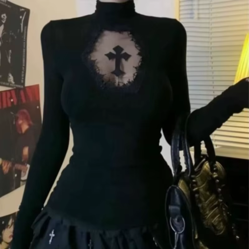 Haut à col roulé Y2k, vêtements gothiques noirs