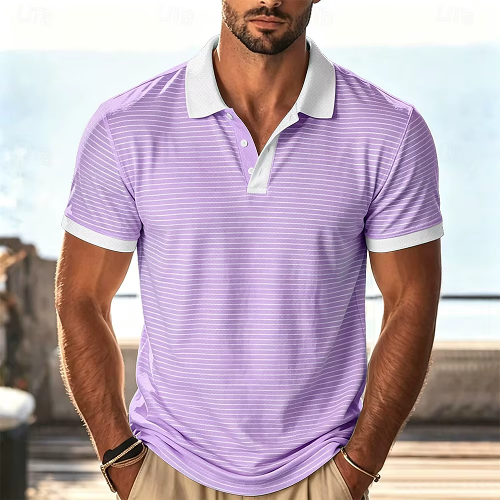 Polo à rayures horizontales bleu clair et blanc pour hommes