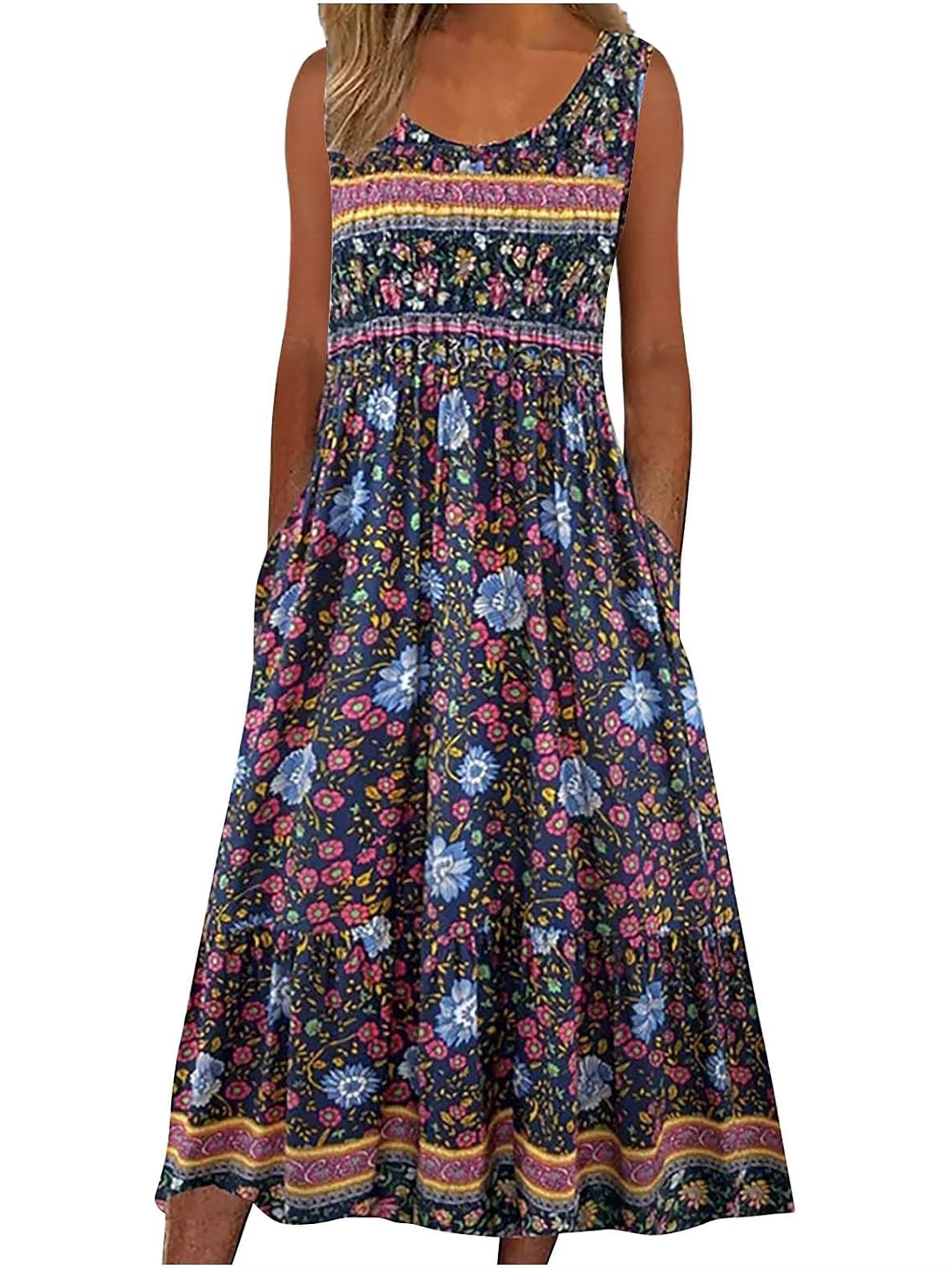 2025 été nouveau! Robe d'été MIDI de plage décontractée à fleurs bohème sans manches pour femmes avec poches fluide et ample