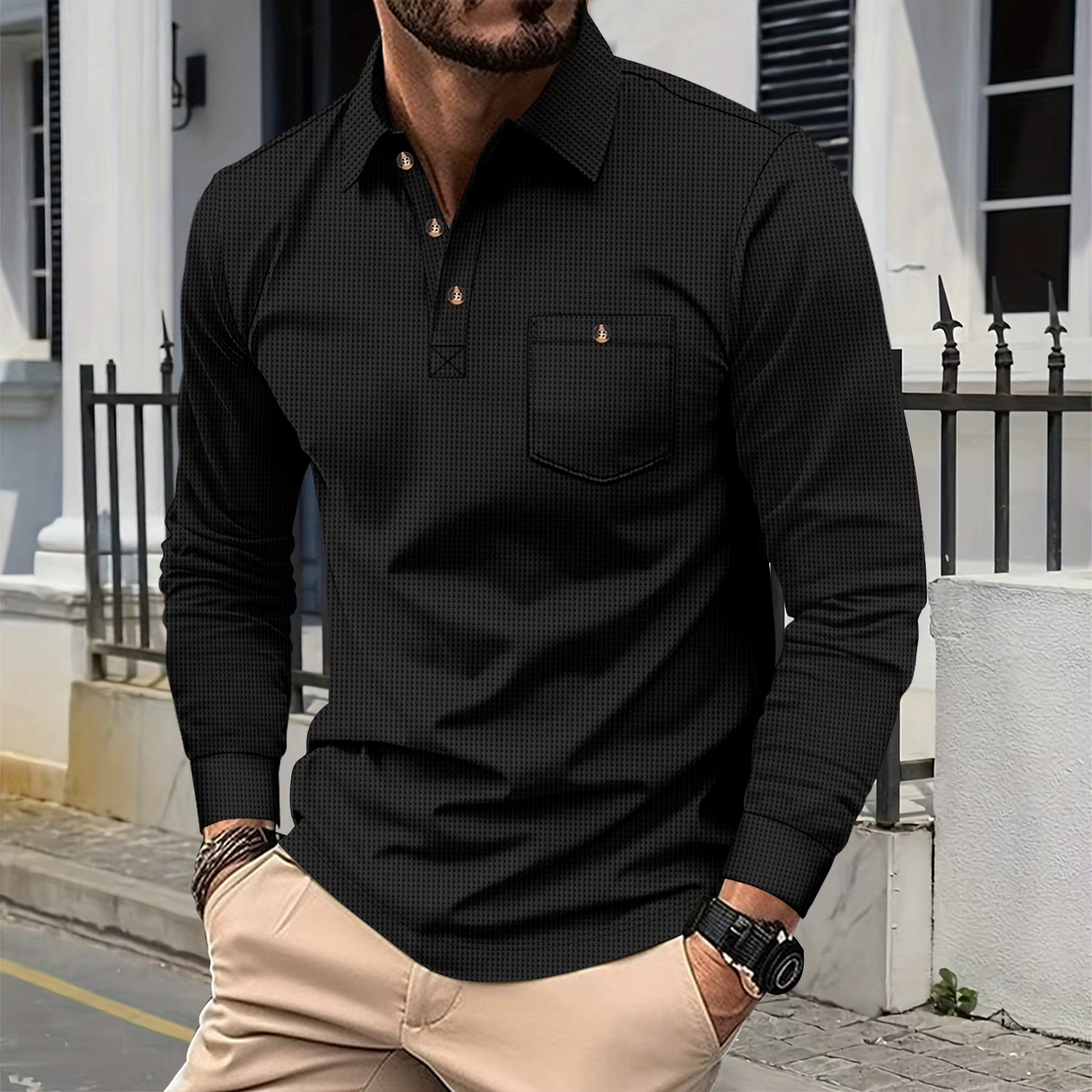 Polo Henley en tricot gaufré pour homme - T-shirt décontracté à manches longues avec col rabattu et poche poitrine boutonnée