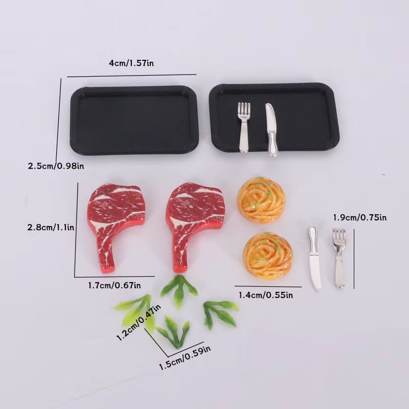 Kit de modèle de jouet de décoration alimentaire de cuisine de maison de poupée à faire soi-même, 5 pièces, pâtes à Steak, assiette, couteau, fourchette, ensemble de simulation Miniature