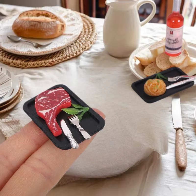 Kit de modèle de jouet de décoration alimentaire de cuisine de maison de poupée à faire soi-même, 5 pièces, pâtes à Steak, assiette, couteau, fourchette, ensemble de simulation Miniature