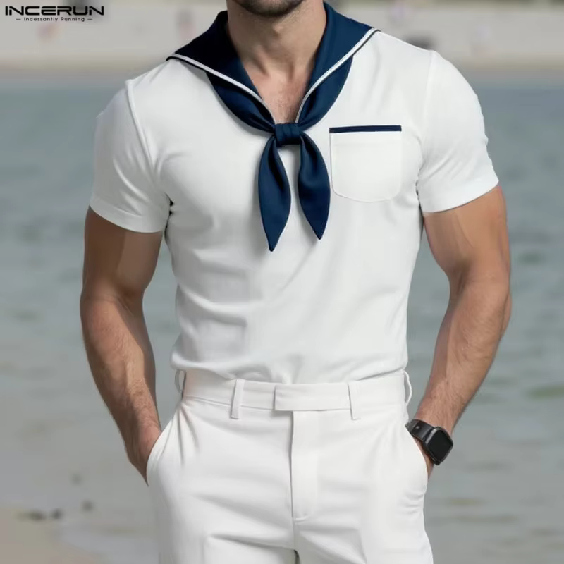 INCERUN hommes t-shirt Patchwork été col marine à manches courtes