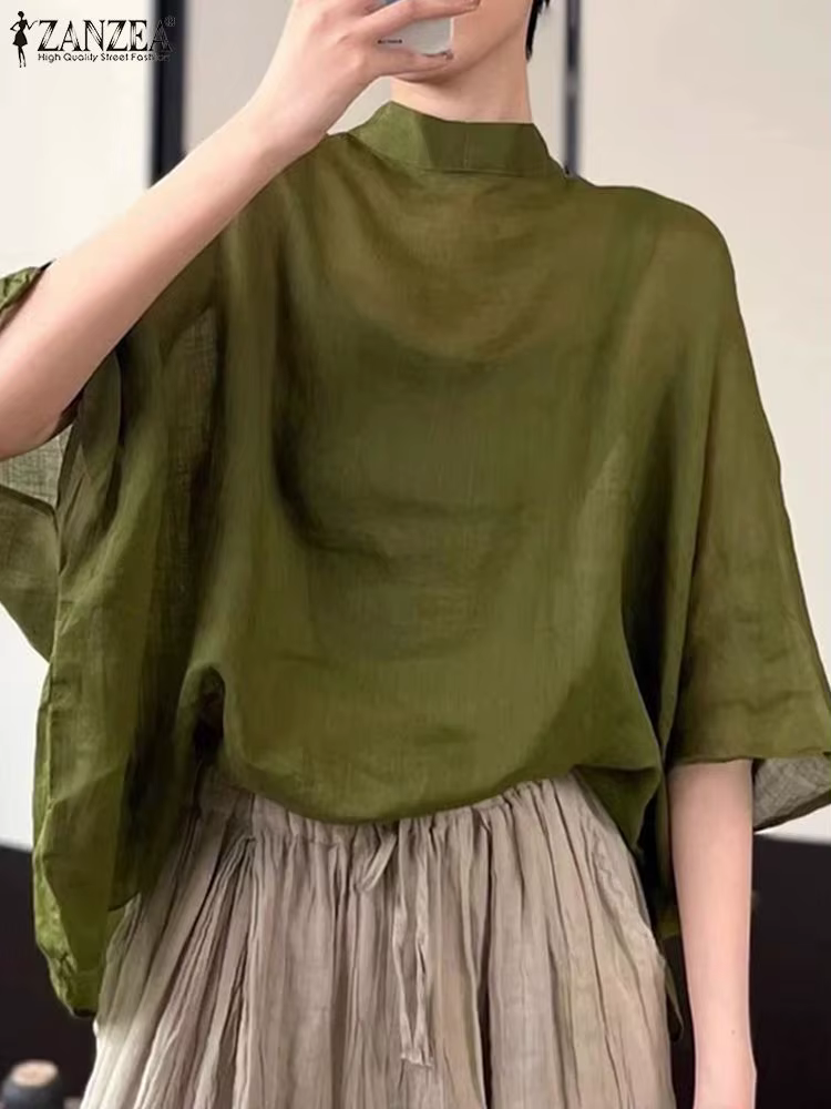 ZANZEA femmes 3/4 manches chauve-souris Blouse surdimensionné asymétrique hauts 2024 été col montant tunique