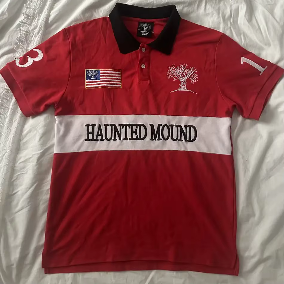 Polo rouge brodé Mound hanté Y2K t-shirt HipHop rétro tête de citrouille lettre brodée surdimensionné haut à manches courtes