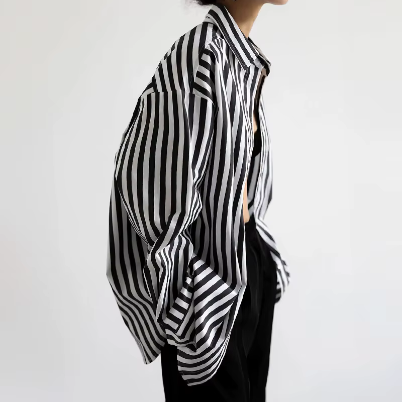 Femmes chemise noir et blanc rayé boutonné à manches longues surdimensionné petit ami Blouse hauts blusas para mujer tenue