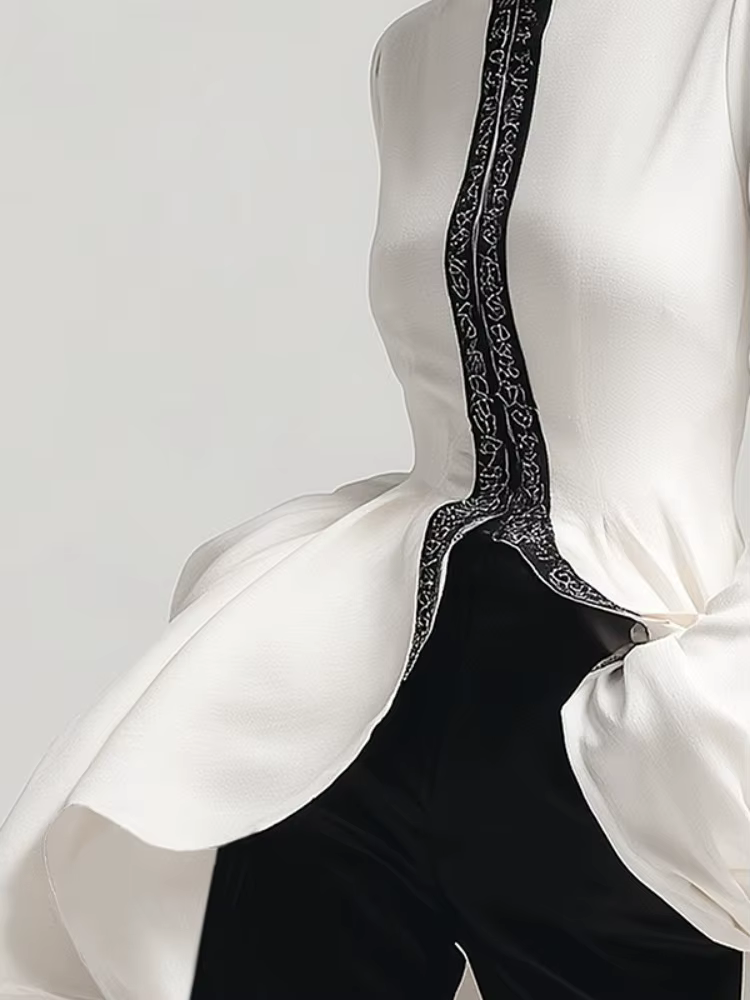 UOOZEE femmes haut-bas Falbala col haut manches longues évasées ourlet asymétrique mode imprimé élégant fête fermeture éclair Blouses