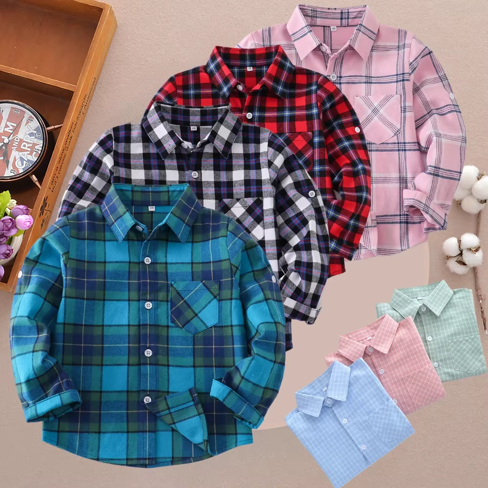 Chemise à carreaux à manches longues pour enfants et adolescents de 2 à 13 ans
