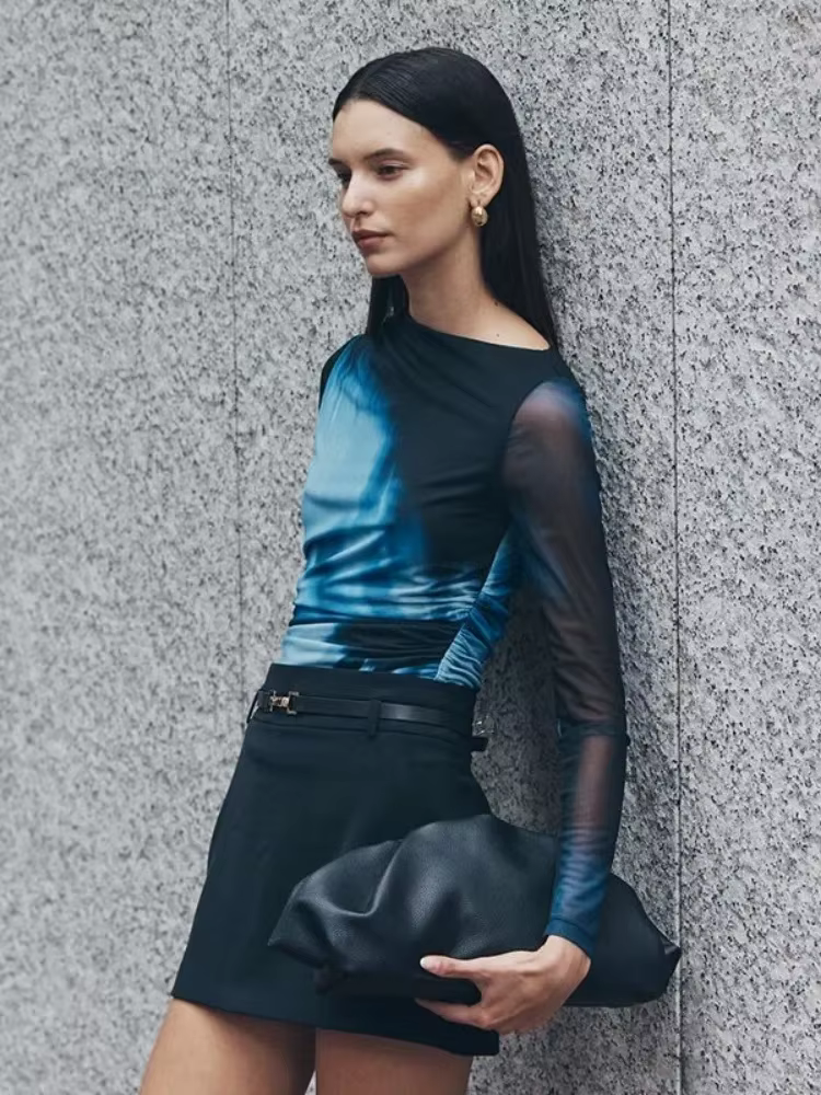 T-shirt imprimé à manches longues en maille pour femmes