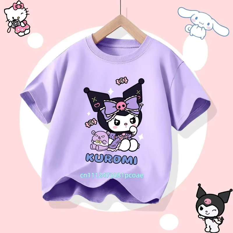 Nouveau T-shirt décontracté pour filles en pur coton à manches courtes Kuromi 2026, collection été, avec imprimés de dessins animés de la série Sanrio
