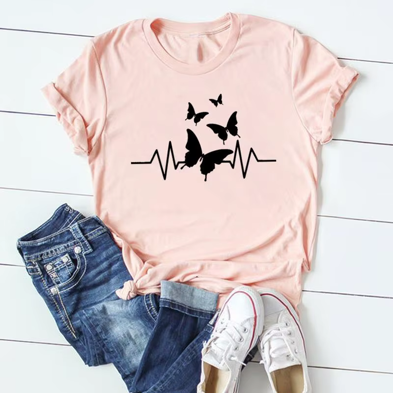 T-shirt à manches courtes imprimé papillon pour femmes