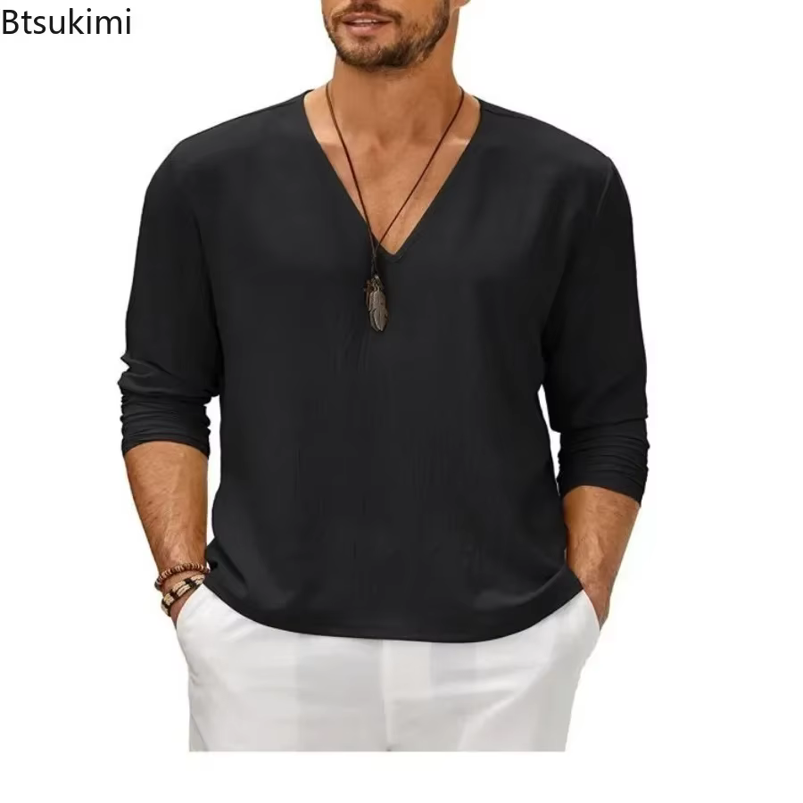 T-shirt à manches longues en coton et lin pour hommes