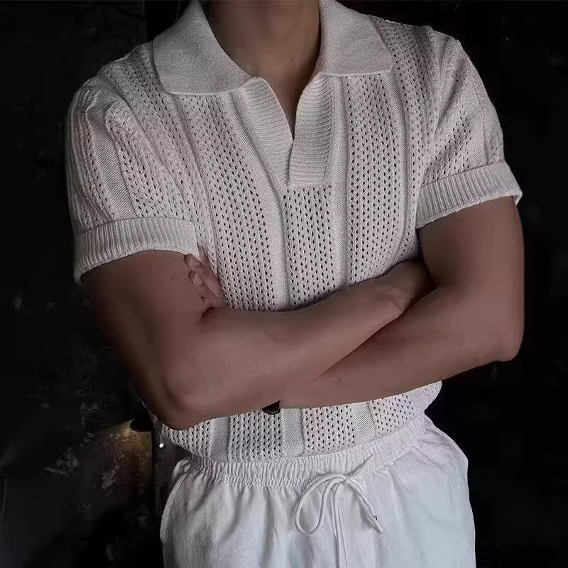Polo à manches courtes en maille ajourée pour homme