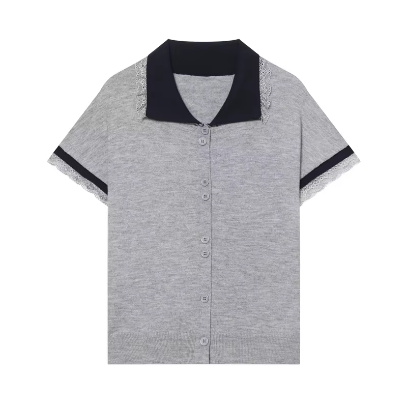 T-shirt pour femmes, nouveau haut cardigan à manches courtes avec bordure en dentelle contrastante