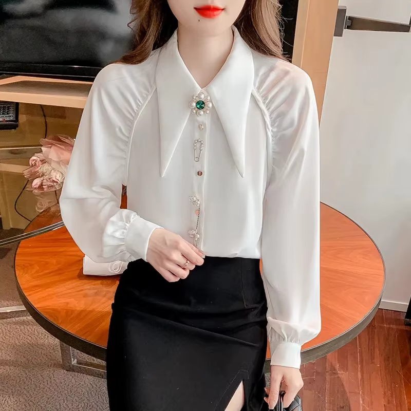 Nouvelle chemise pour femme 2026 – Collection Printemps-Été-Automne – Blouse élégante en mousseline blanche à col