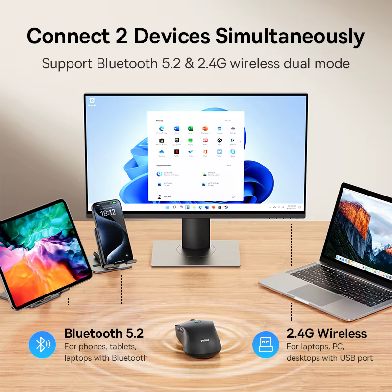 Baseus F02 souris sans fil Bluetooth 5.2 2.4G 4000DPI ergonomique 7 boutons muets souris pour iPad MacBook tablette ordinateur portable souris