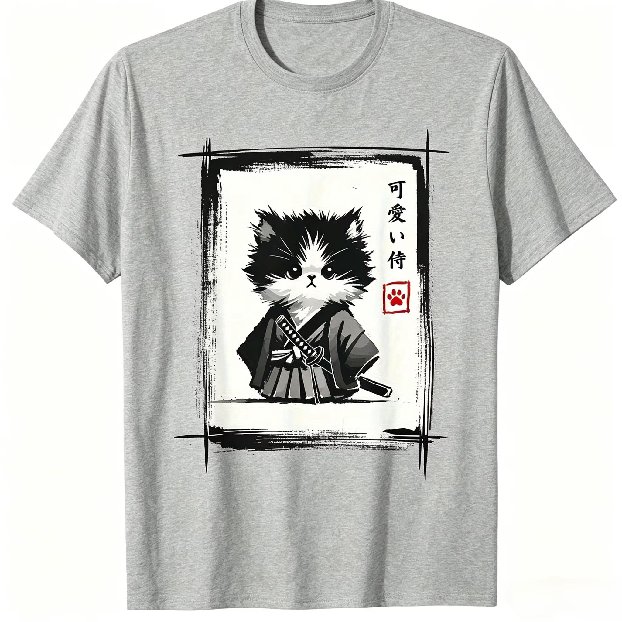 T-shirt imprimé Kawaii Chat Samouraï Art à l'encre japonaise
