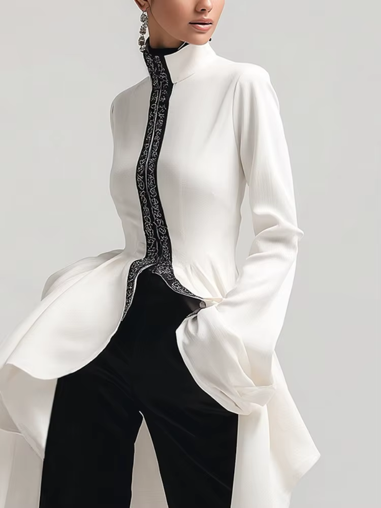 UOOZEE femmes haut-bas Falbala col haut manches longues évasées ourlet asymétrique mode imprimé élégant fête fermeture éclair Blouses