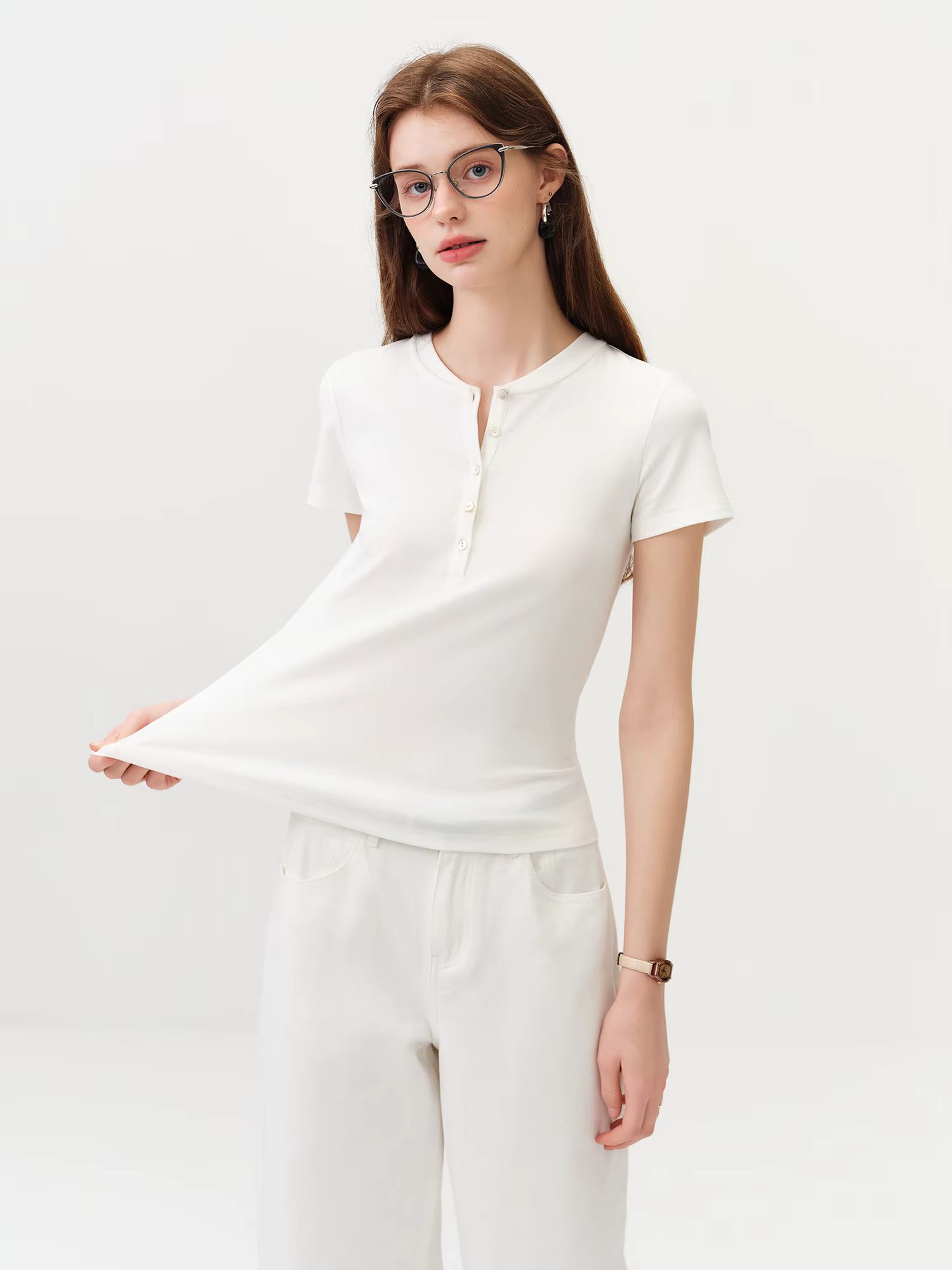 FSLE Nouveau T-shirt blanc ajusté à manches courtes pour femme avec boutons