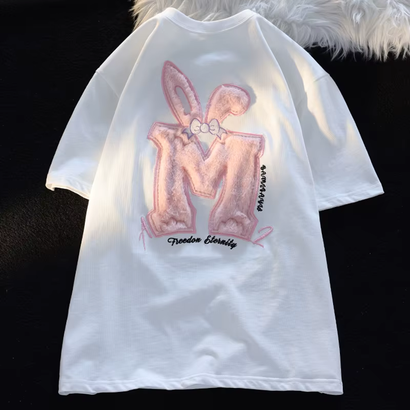 Coton flocage lapin oreille à manches courtes T-shirt femmes nouvel été polyvalent haut rose mignon flocqué