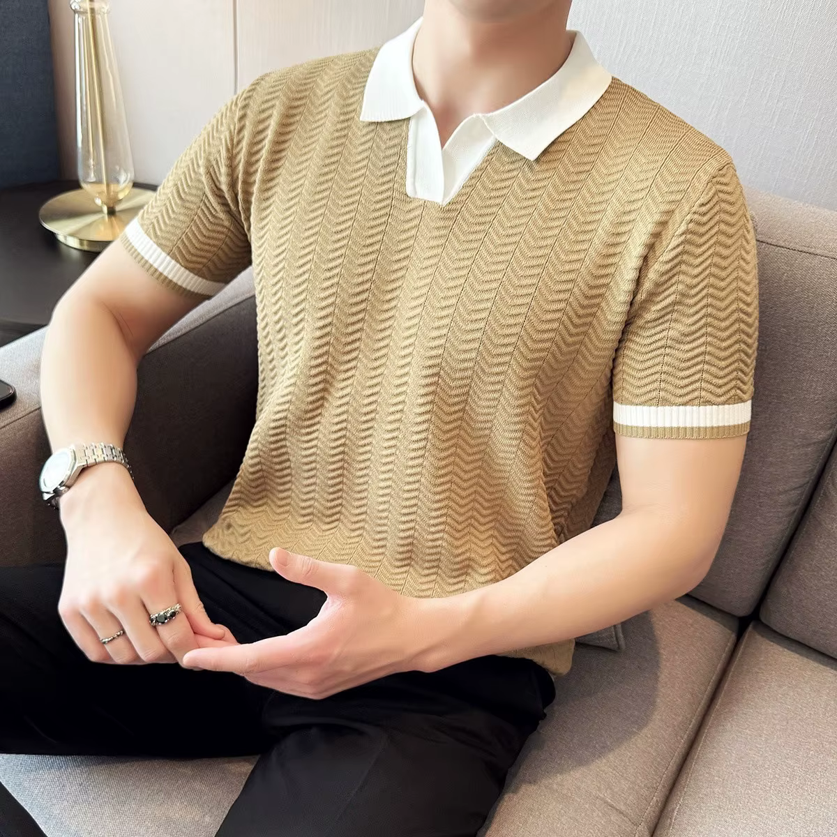 Mode nid d'abeille Texture contraste couleur t-shirts hommes tricotés polos été à manches courtes mince hauts élastique