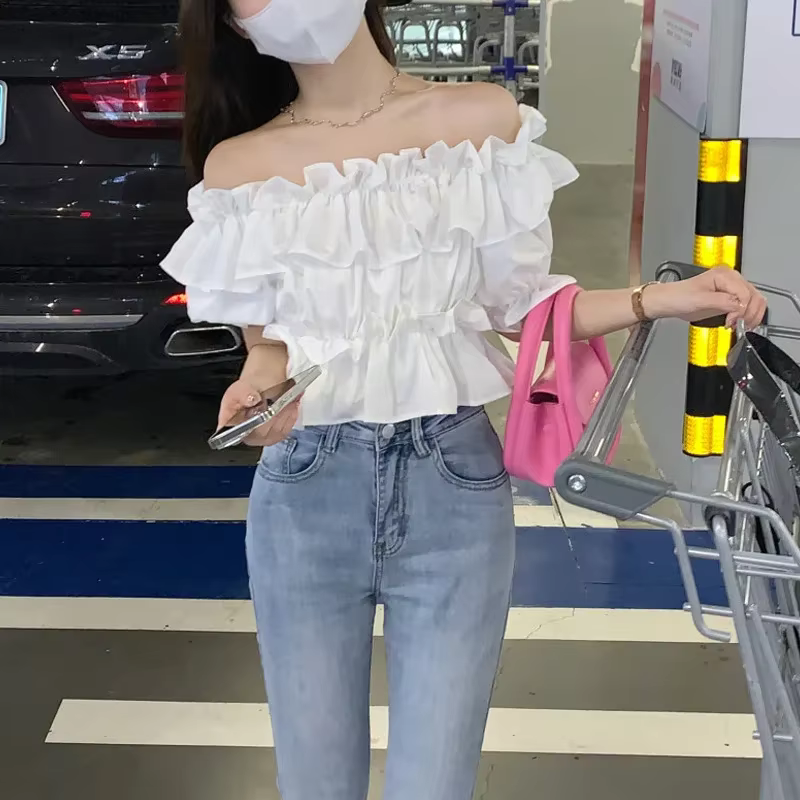 T-shirt à manches courtes à volants pour femme