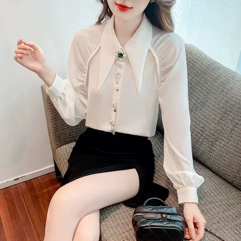 Nouvelle chemise pour femme 2026 – Collection Printemps-Été-Automne – Blouse élégante en mousseline blanche à col
