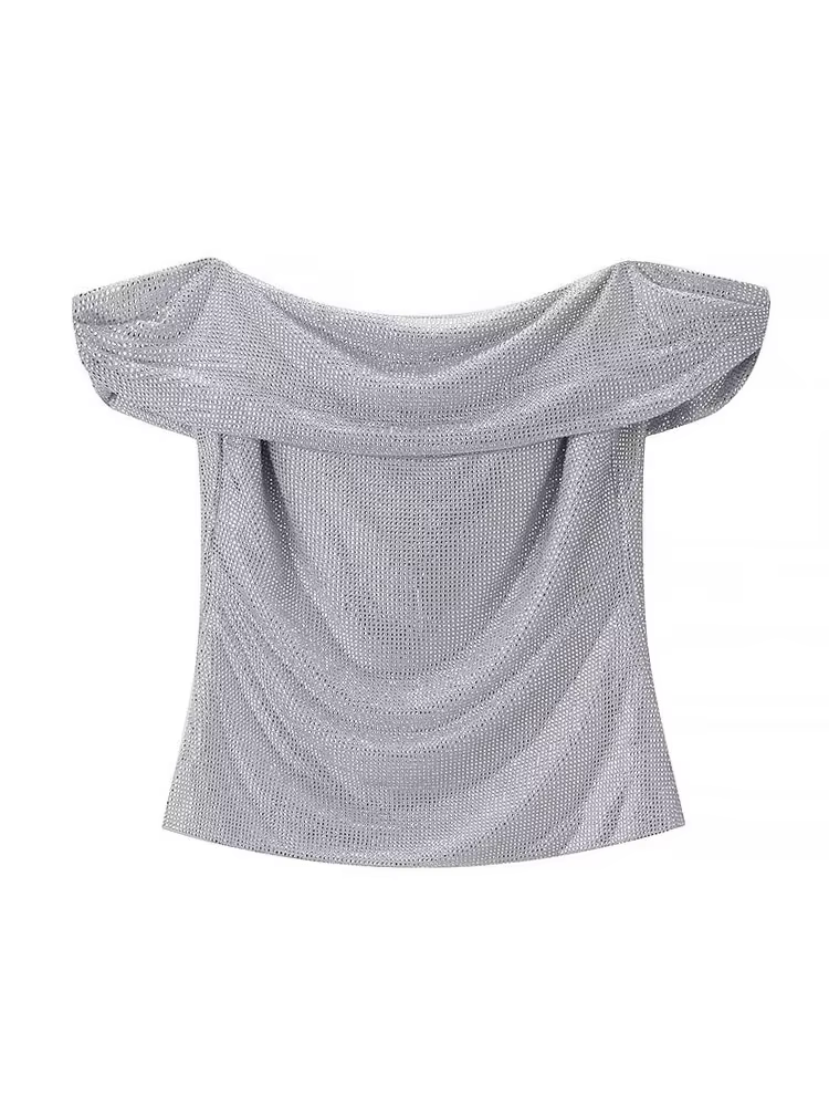 HH femmes nouvelle mode sans manches hauts courts argent dos nu diamant décoration femme été Sexy mince une pièce col haut