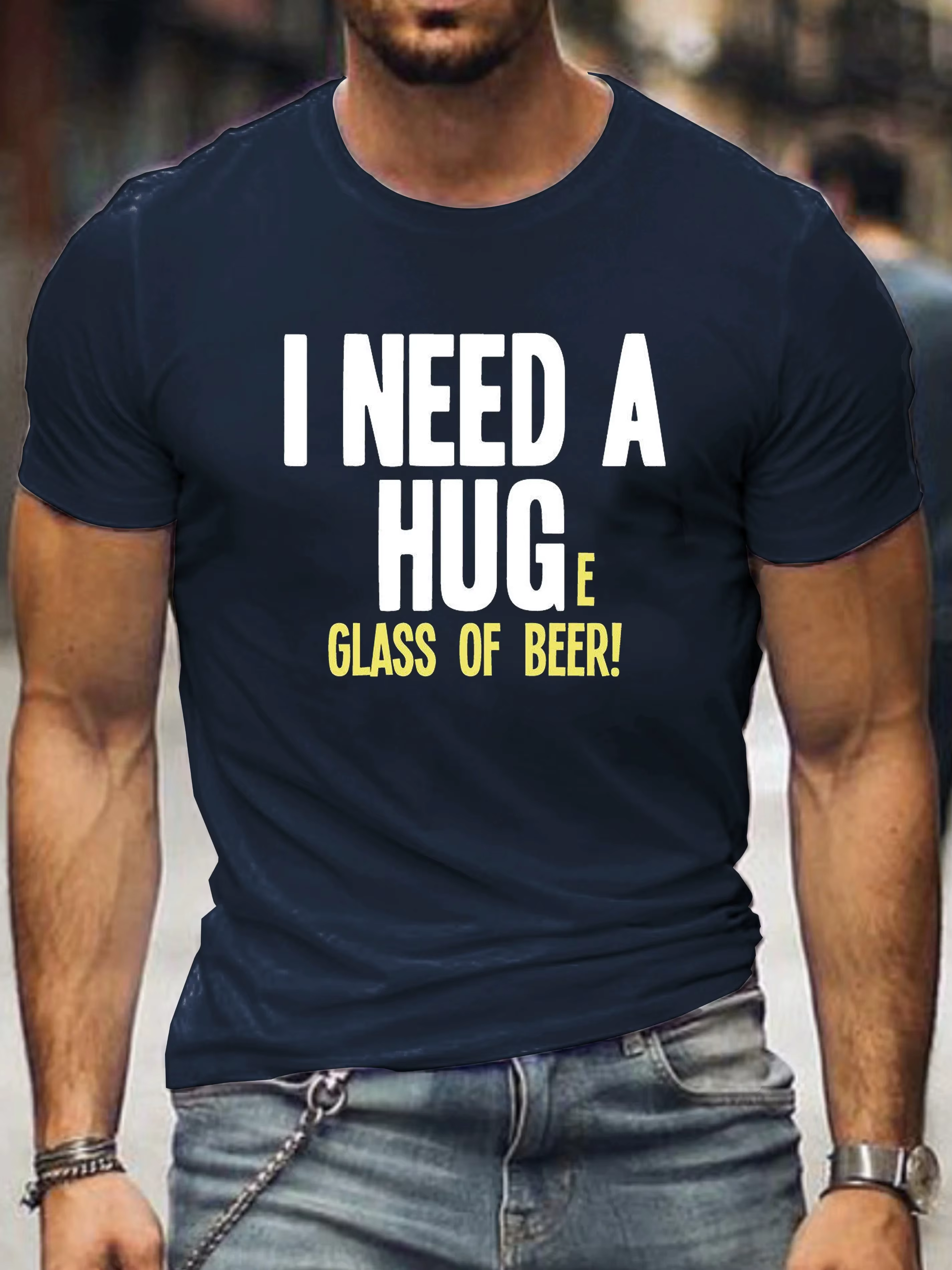 Lettre drôle impression hauts t-shirts chemises j'ai besoin d'un câlin énorme verre de bière hommes T-Shirt