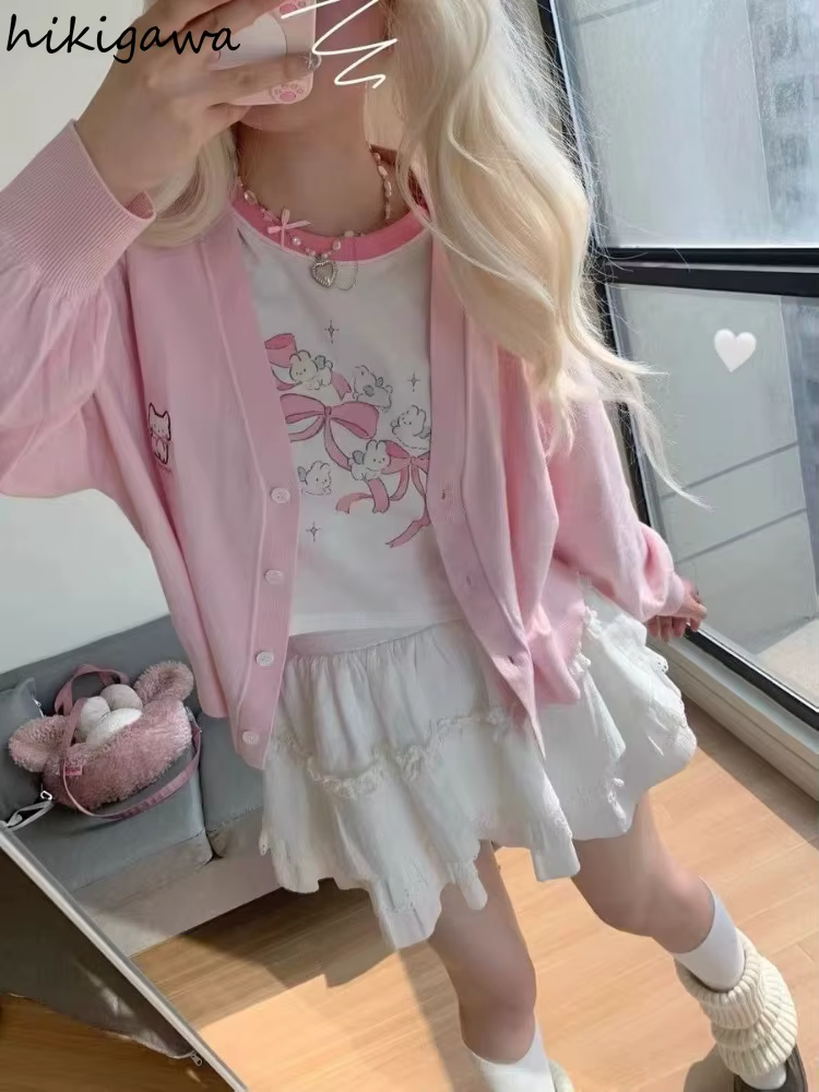 Kawaii rose t-shirts femmes japonais Y2k Style doux fille dessin animé